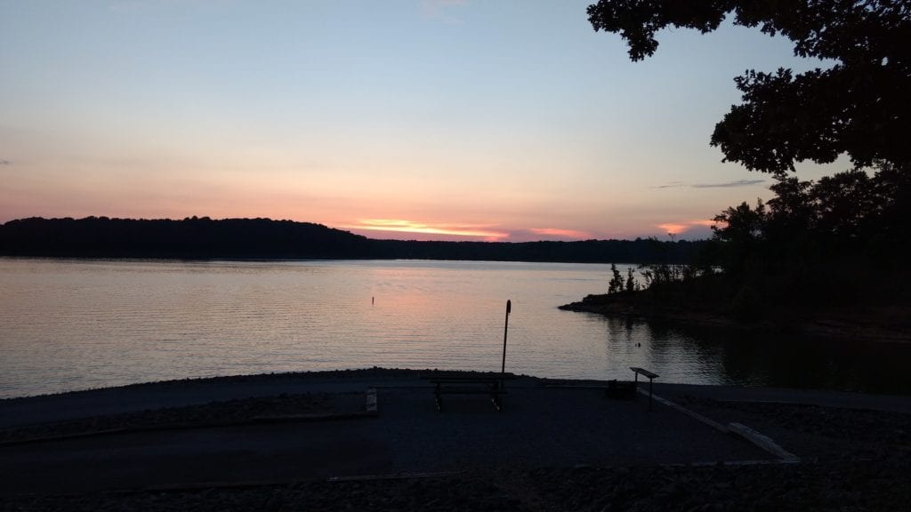 Sunset over a lake at a COE campground.