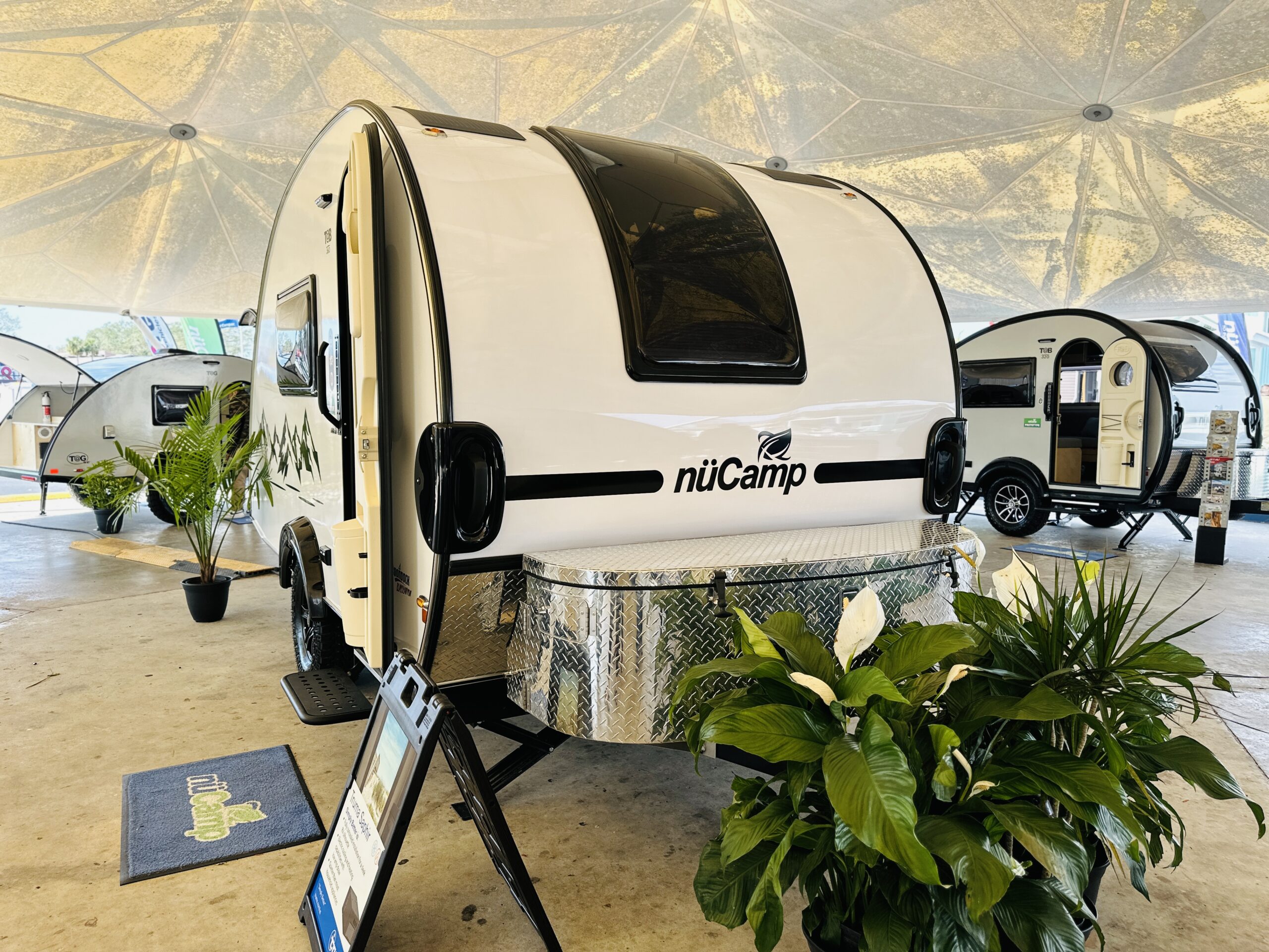 Exterior of a nuCamp travel trailer at the Florida RV Supershow